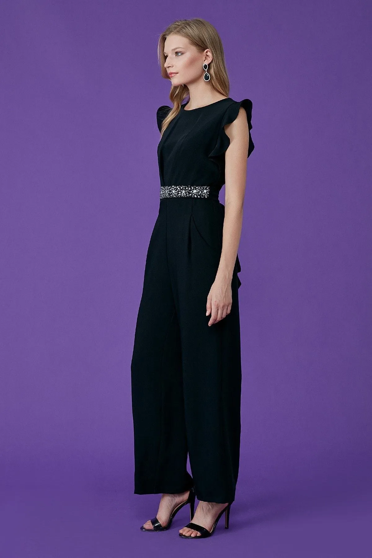 16124 Black Stone Detailed Waistband Jumpsuit