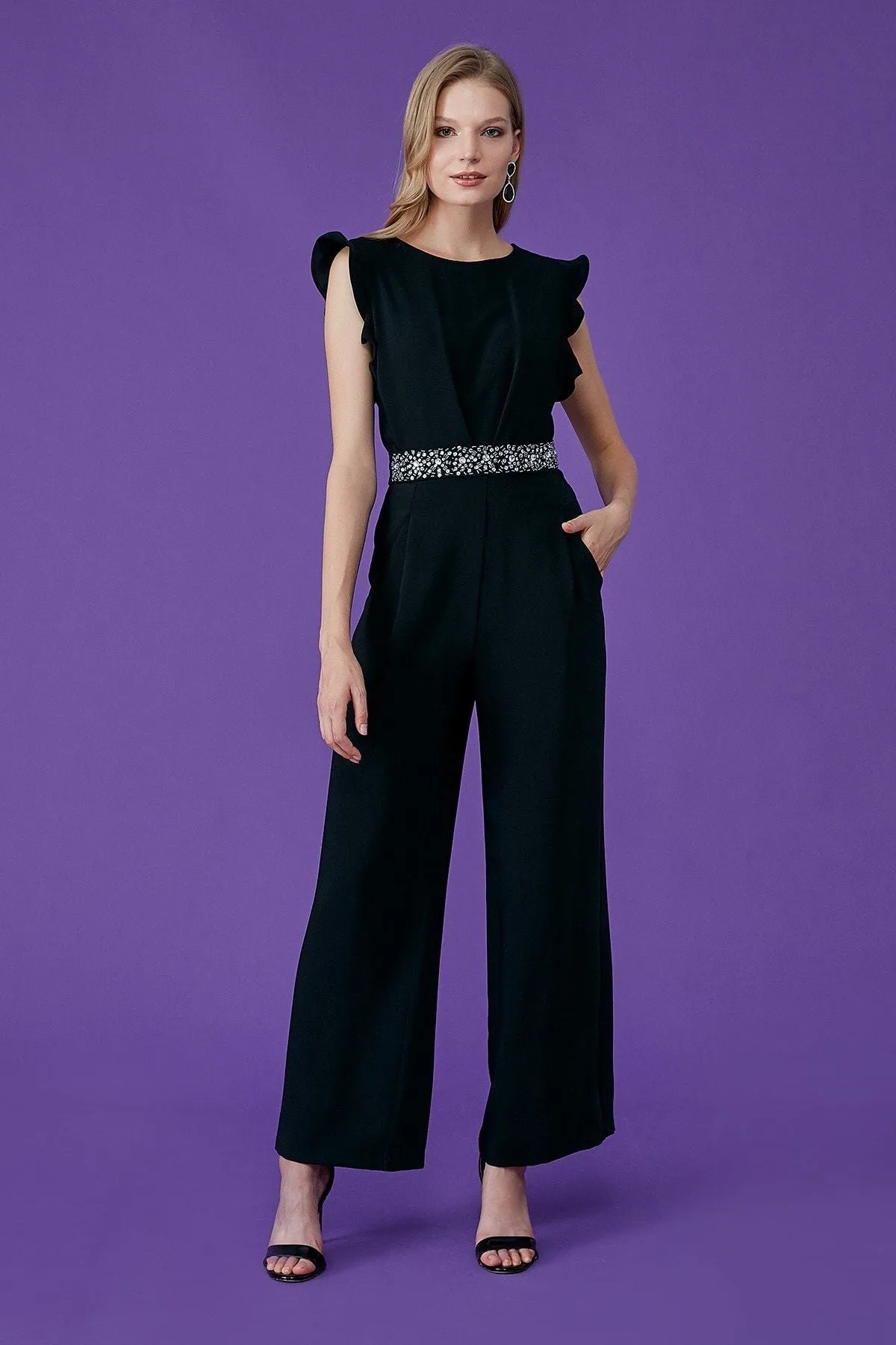 16124 Black Stone Detailed Waistband Jumpsuit