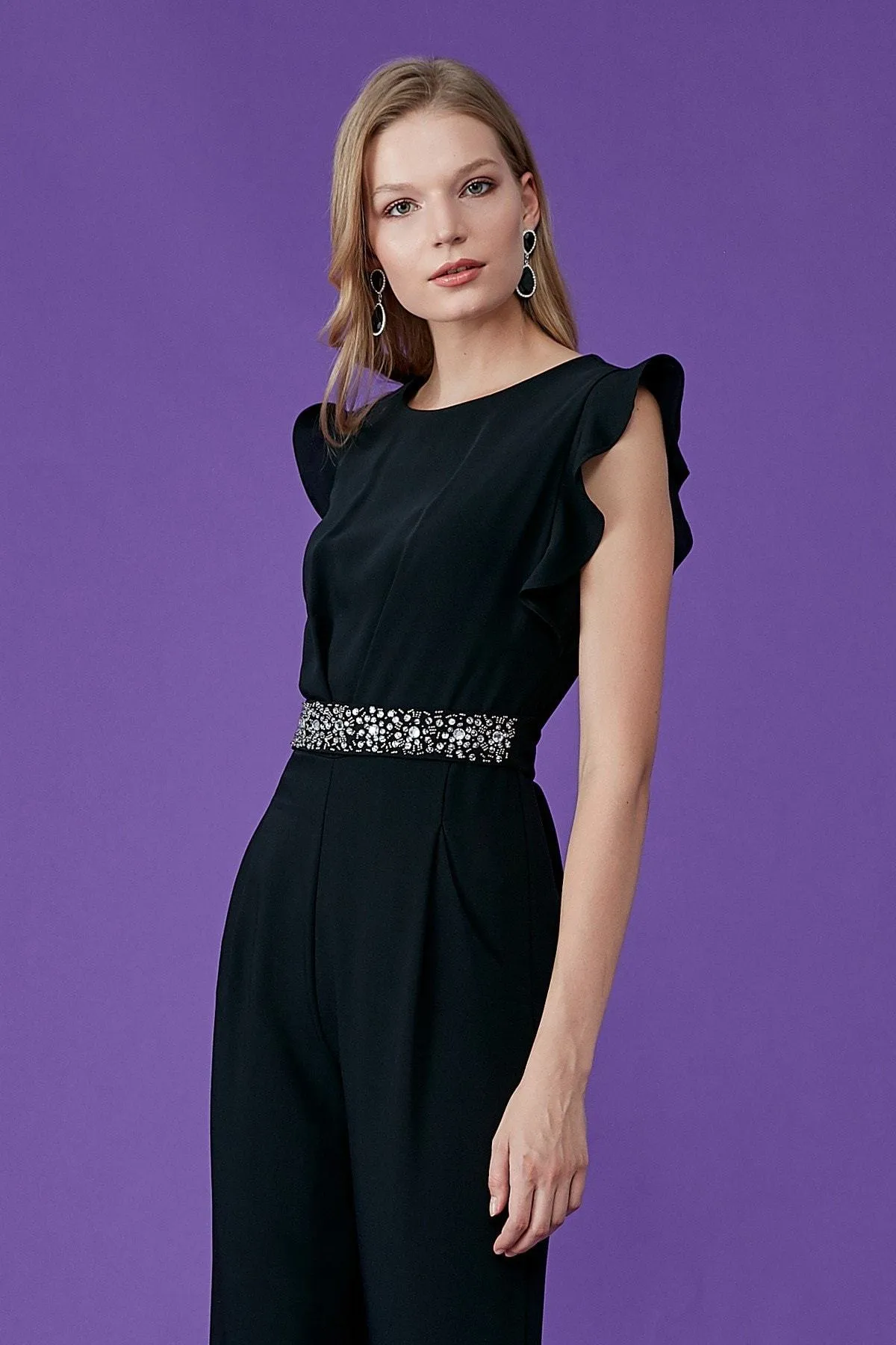 16124 Black Stone Detailed Waistband Jumpsuit