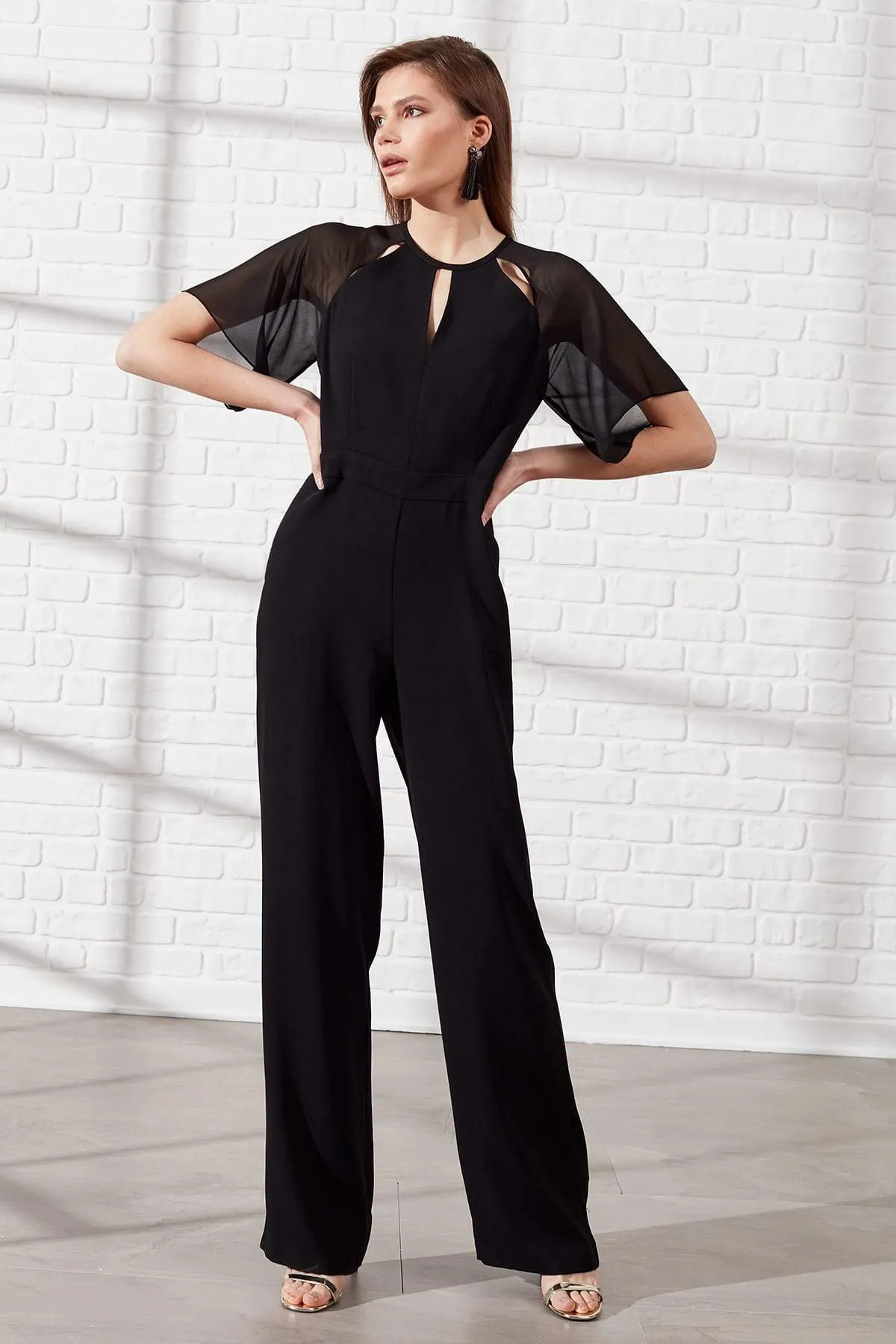 16143 Black Chiffon Sleeve Jumpsuit