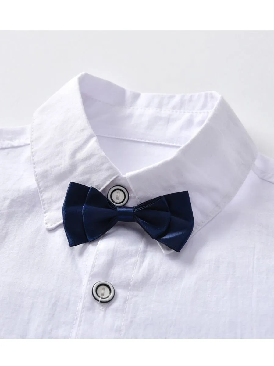 4-Piece Boy's Casual Outfits Suits Set White Long Sleeve Bow Blouse Top and Grey Waistcoat and Grey Suit Pants