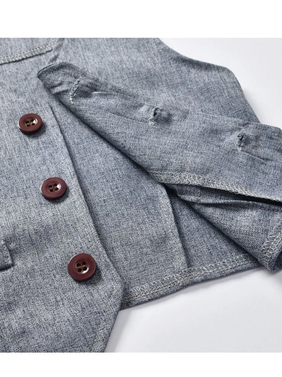 4-Piece Boy's Casual Outfits Suits Set White Long Sleeve Bow Blouse Top and Grey Waistcoat and Grey Suit Pants