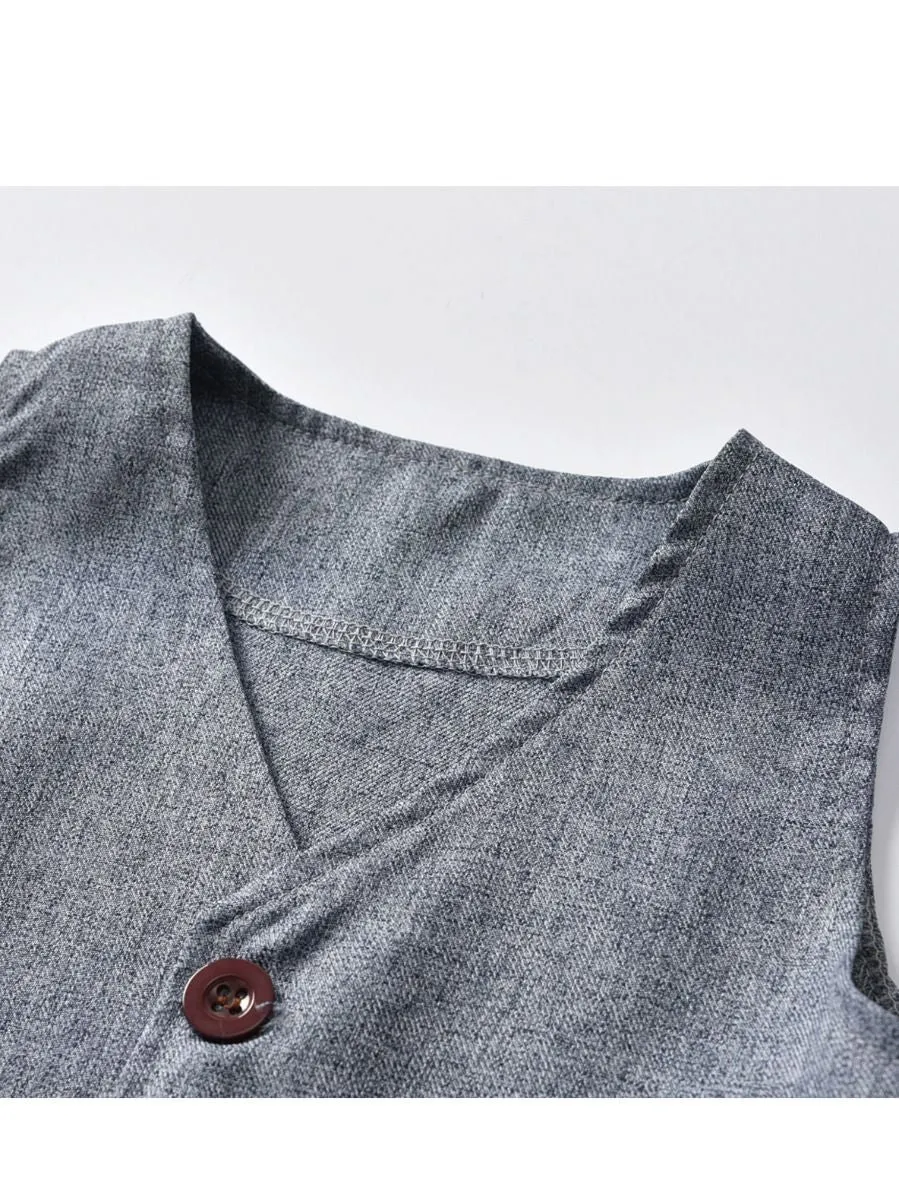 4-Piece Boy's Casual Outfits Suits Set White Long Sleeve Bow Blouse Top and Grey Waistcoat and Grey Suit Pants