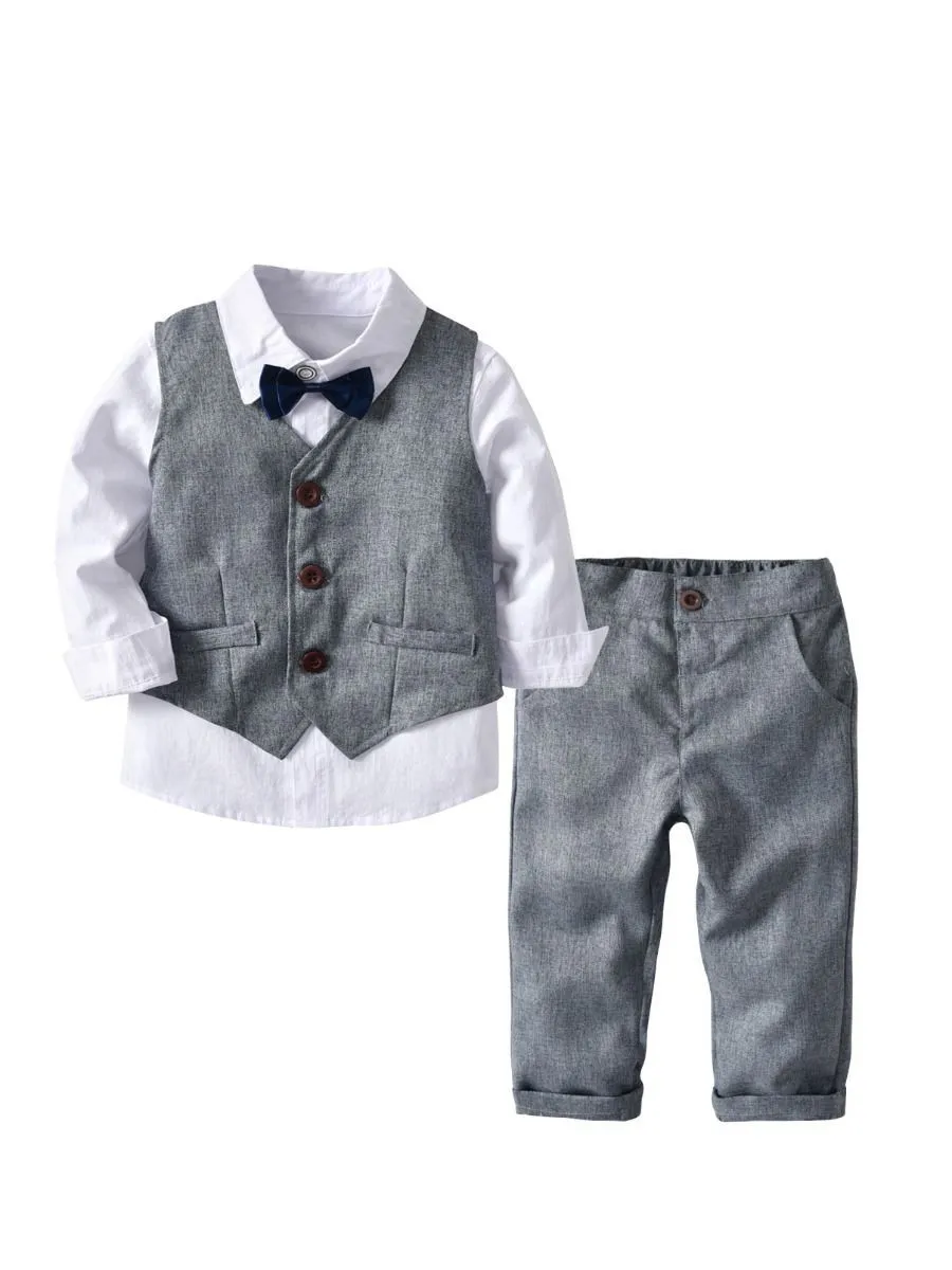 4-Piece Boy's Casual Outfits Suits Set White Long Sleeve Bow Blouse Top and Grey Waistcoat and Grey Suit Pants