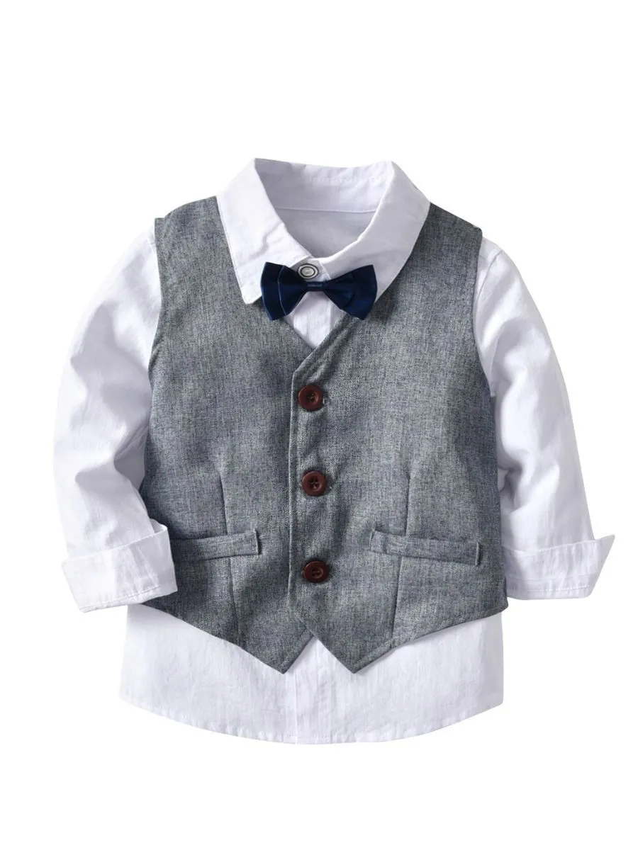 4-Piece Boy's Casual Outfits Suits Set White Long Sleeve Bow Blouse Top and Grey Waistcoat and Grey Suit Pants