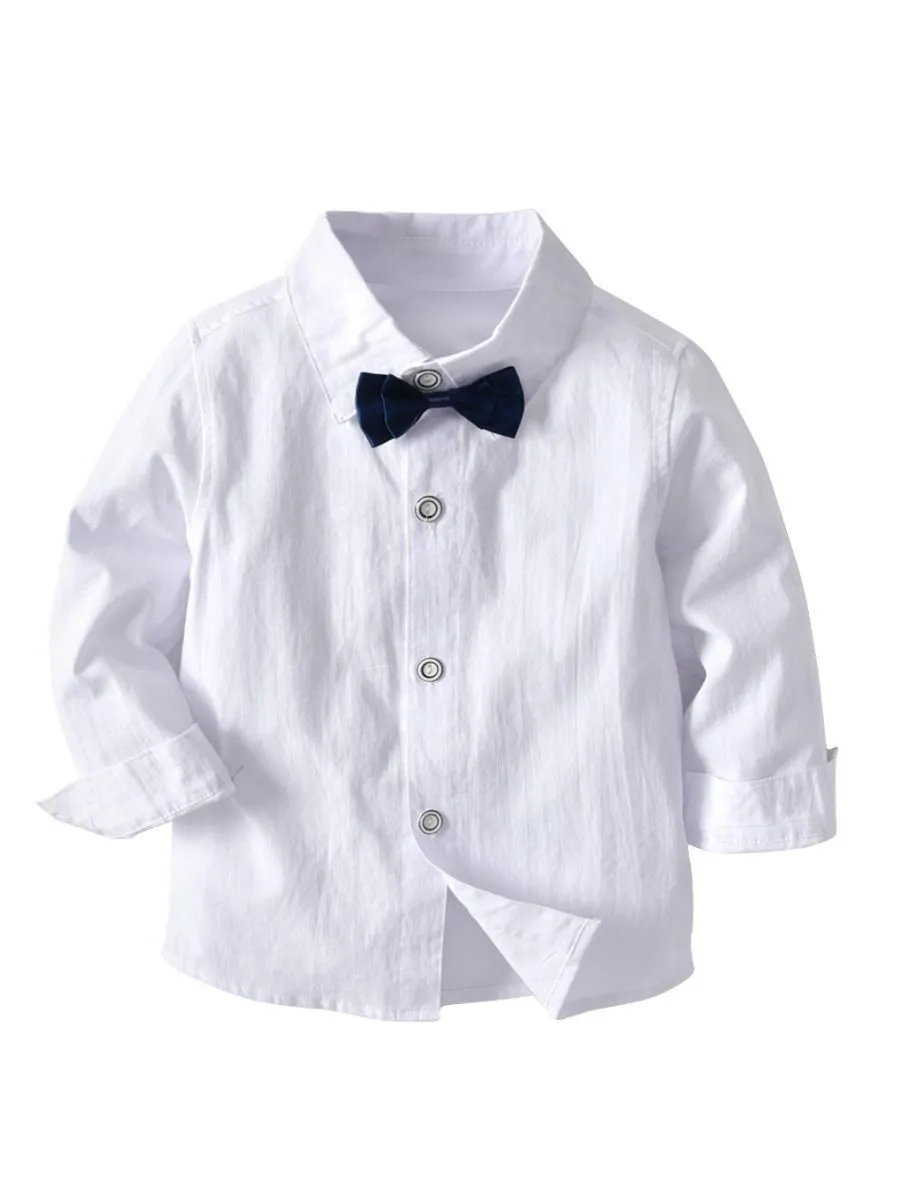 4-Piece Boy's Casual Outfits Suits Set White Long Sleeve Bow Blouse Top and Grey Waistcoat and Grey Suit Pants
