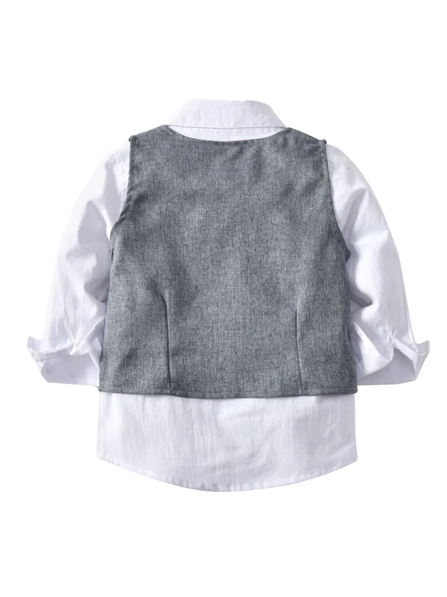 4-Piece Boy's Casual Outfits Suits Set White Long Sleeve Bow Blouse Top and Grey Waistcoat and Grey Suit Pants