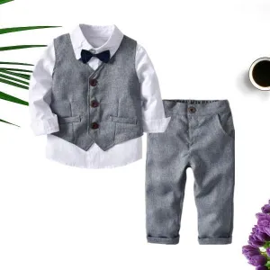 4-Piece Boy's Casual Outfits Suits Set White Long Sleeve Bow Blouse Top and Grey Waistcoat and Grey Suit Pants