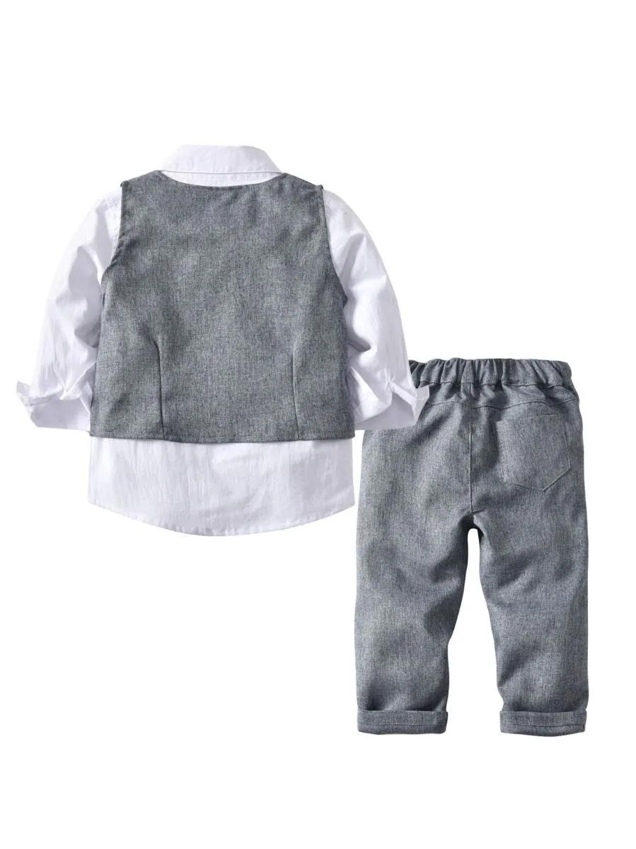 4-Piece Boy's Casual Outfits Suits Set White Long Sleeve Bow Blouse Top and Grey Waistcoat and Grey Suit Pants
