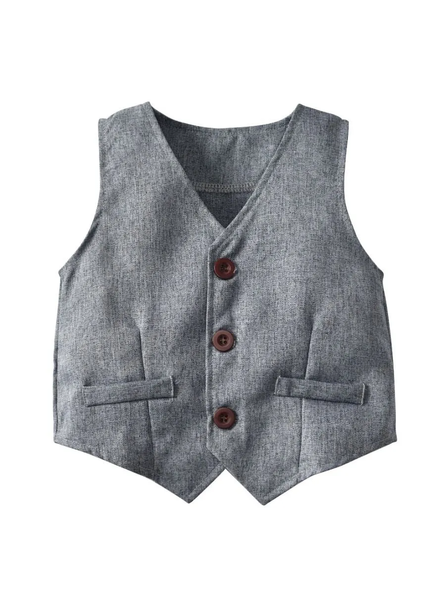 4-Piece Boy's Casual Outfits Suits Set White Long Sleeve Bow Blouse Top and Grey Waistcoat and Grey Suit Pants