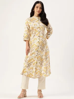 Beige Floral Printed Floral Pure Cotton A Line Kurta
