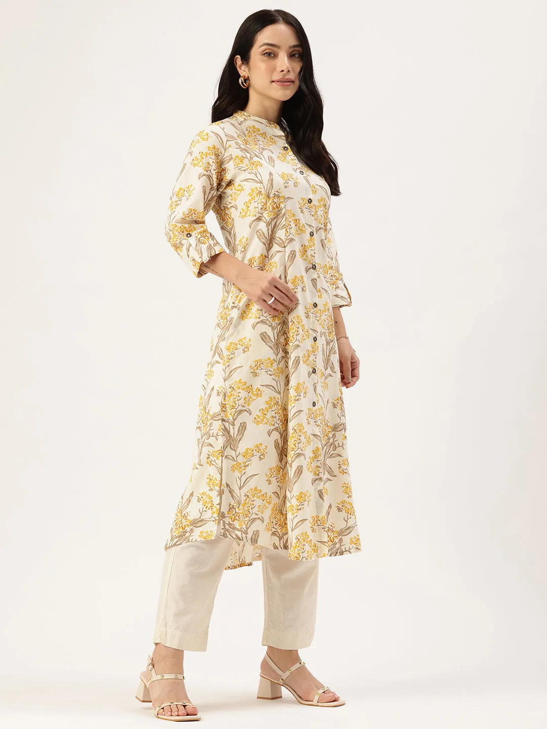Beige Floral Printed Floral Pure Cotton A Line Kurta