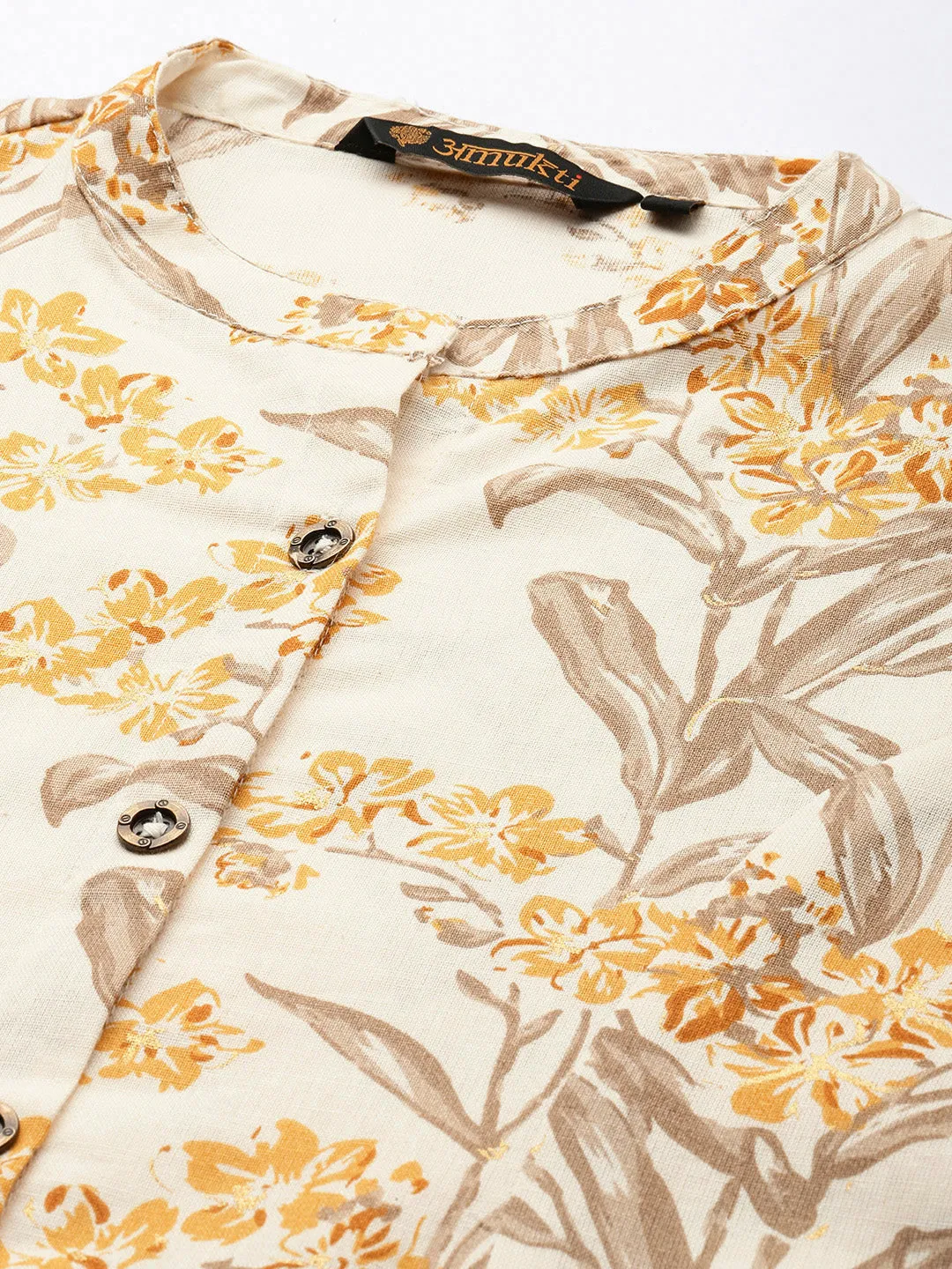 Beige Floral Printed Floral Pure Cotton A Line Kurta