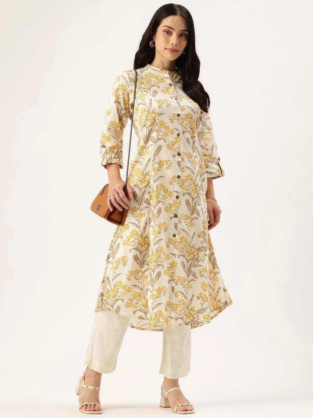 Beige Floral Printed Floral Pure Cotton A Line Kurta
