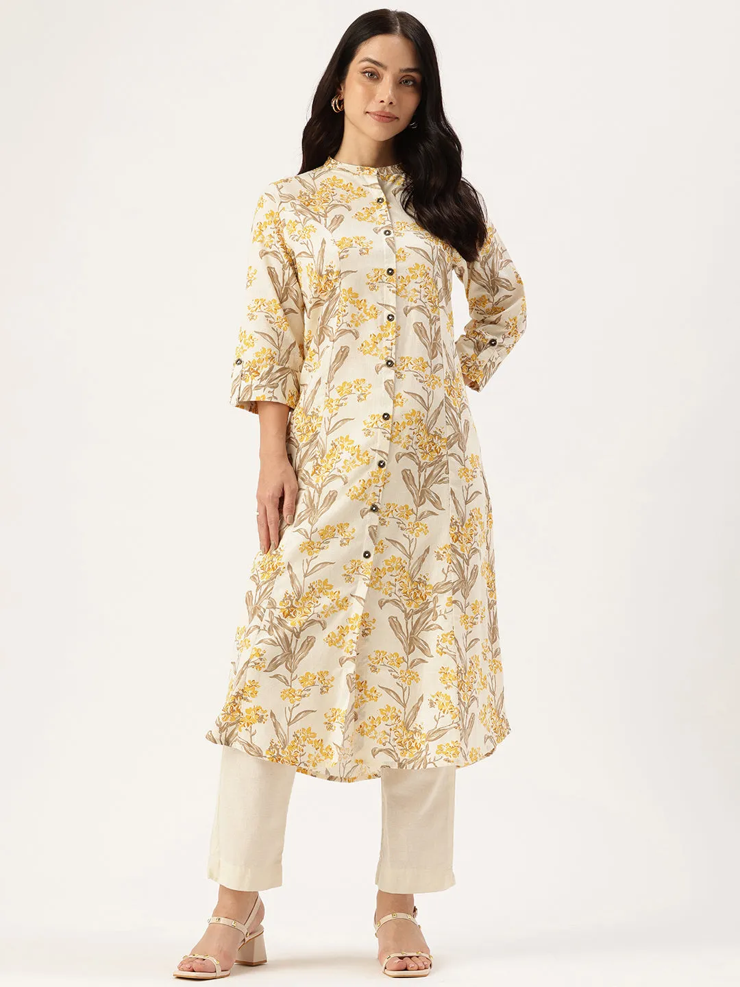 Beige Floral Printed Floral Pure Cotton A Line Kurta