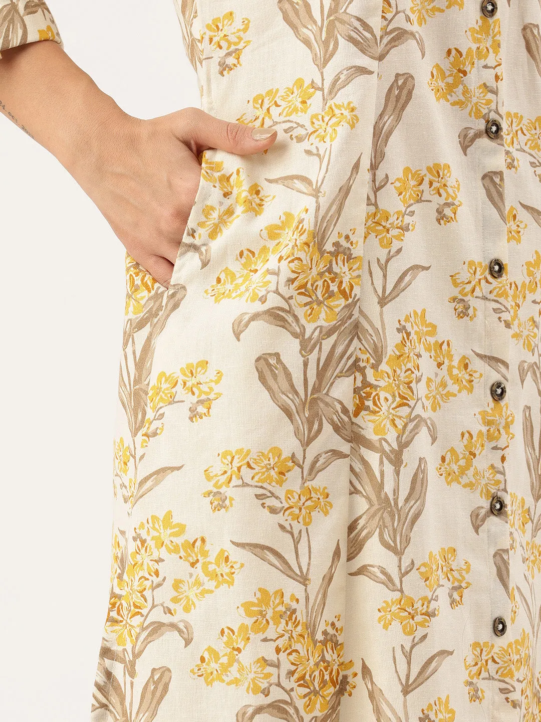 Beige Floral Printed Floral Pure Cotton A Line Kurta