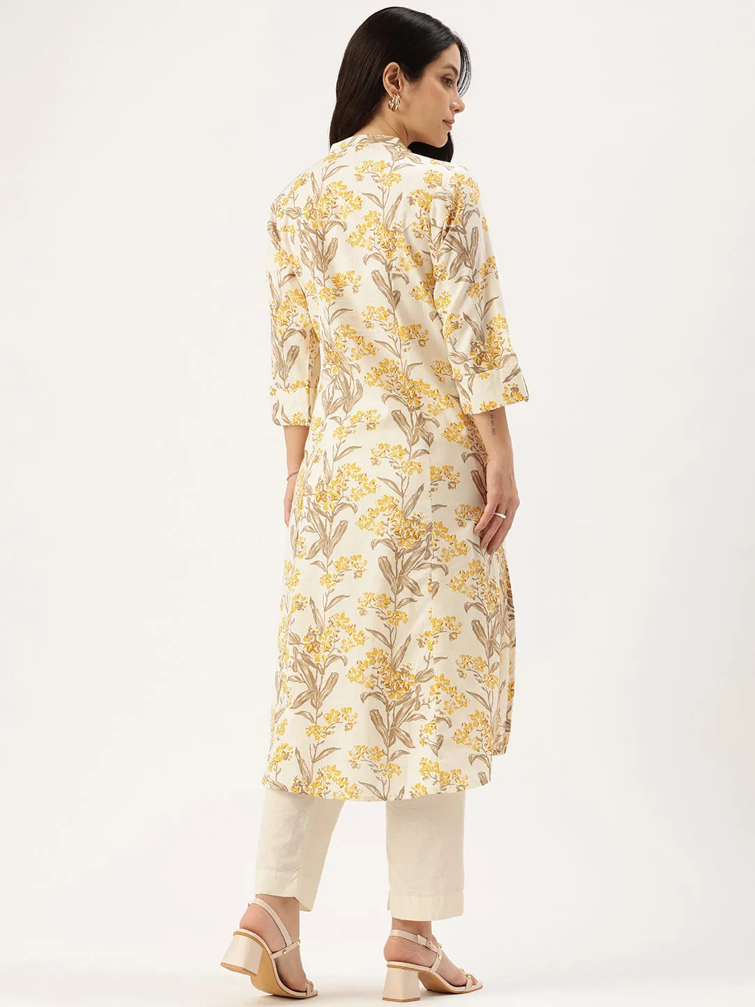 Beige Floral Printed Floral Pure Cotton A Line Kurta