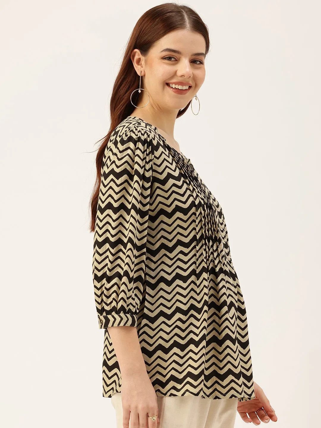 Beige Geometric Printed Pleated Tunic