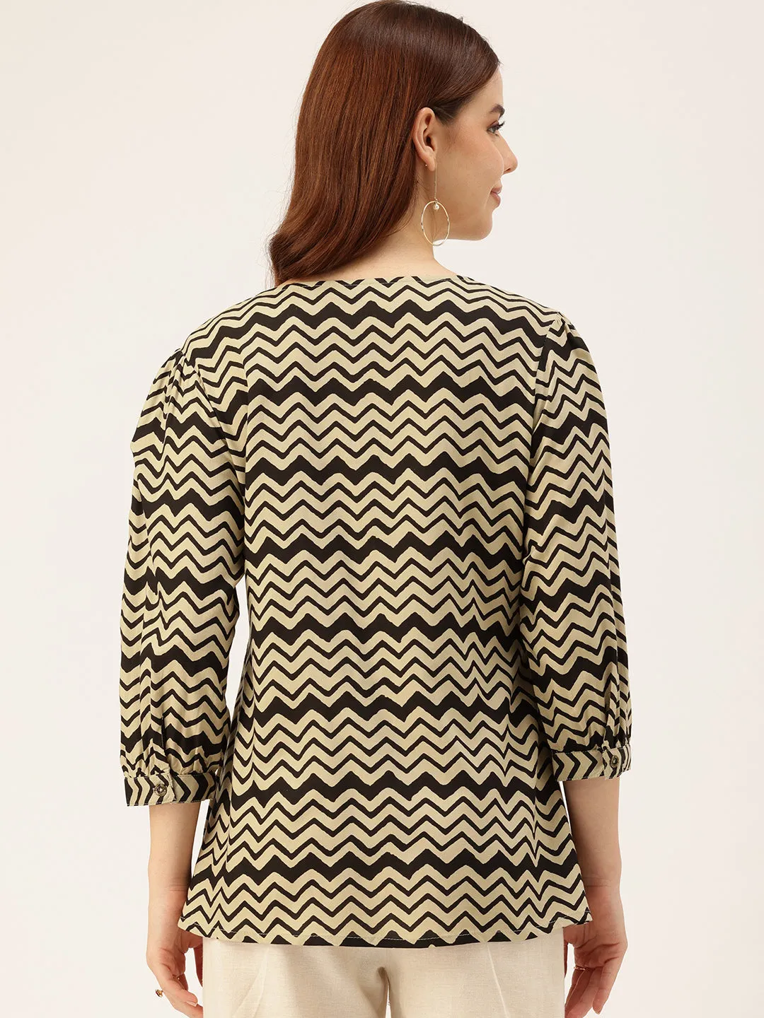Beige Geometric Printed Pleated Tunic