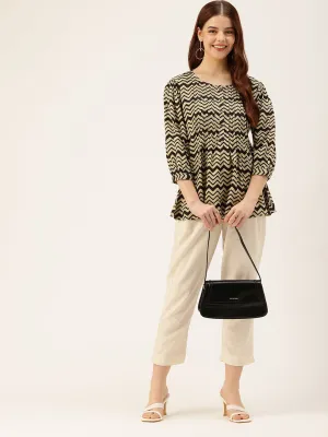 Beige Geometric Printed Pleated Tunic