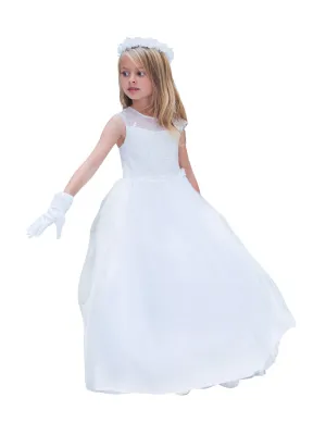 Big Girls White Illusion Neckline Embroidered Junior Bridesmaid Dress 8-14