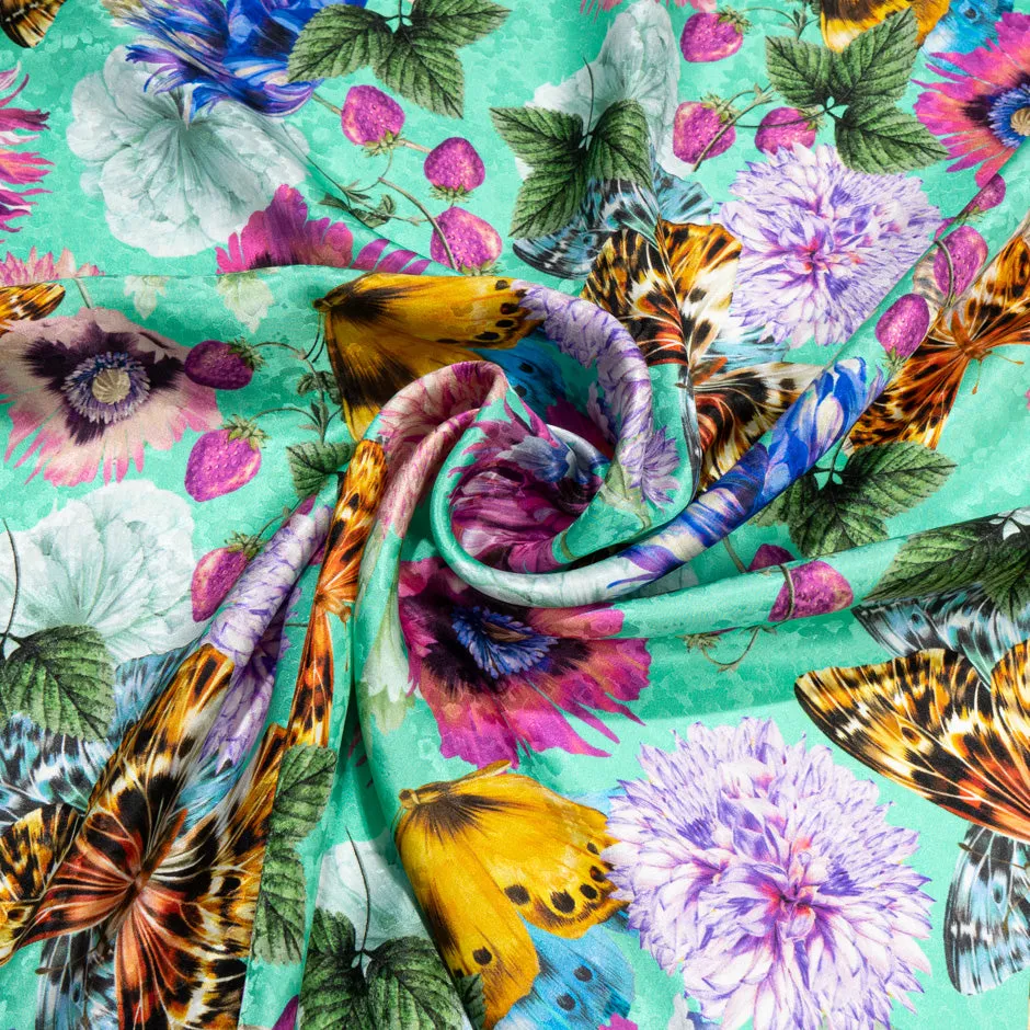 Butterfly & Floral Printed Mint Pure Silk Jacquard
