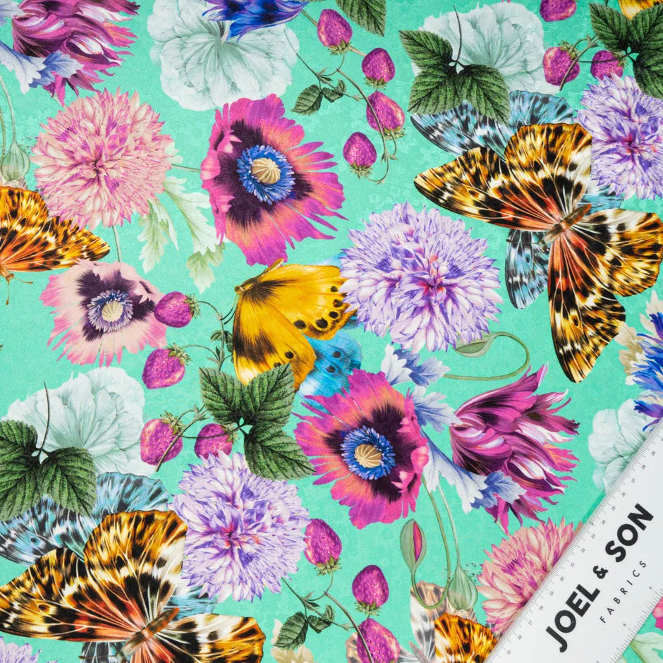 Butterfly & Floral Printed Mint Pure Silk Jacquard
