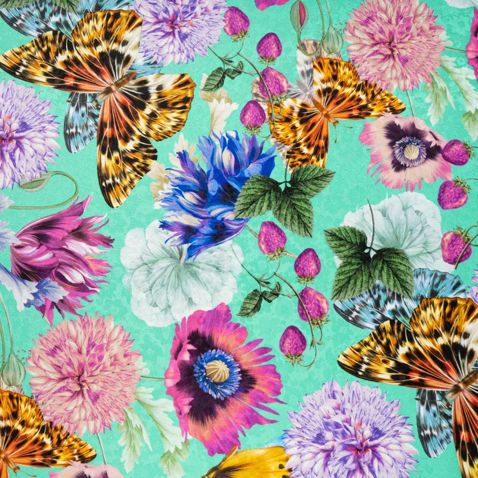 Butterfly & Floral Printed Mint Pure Silk Jacquard