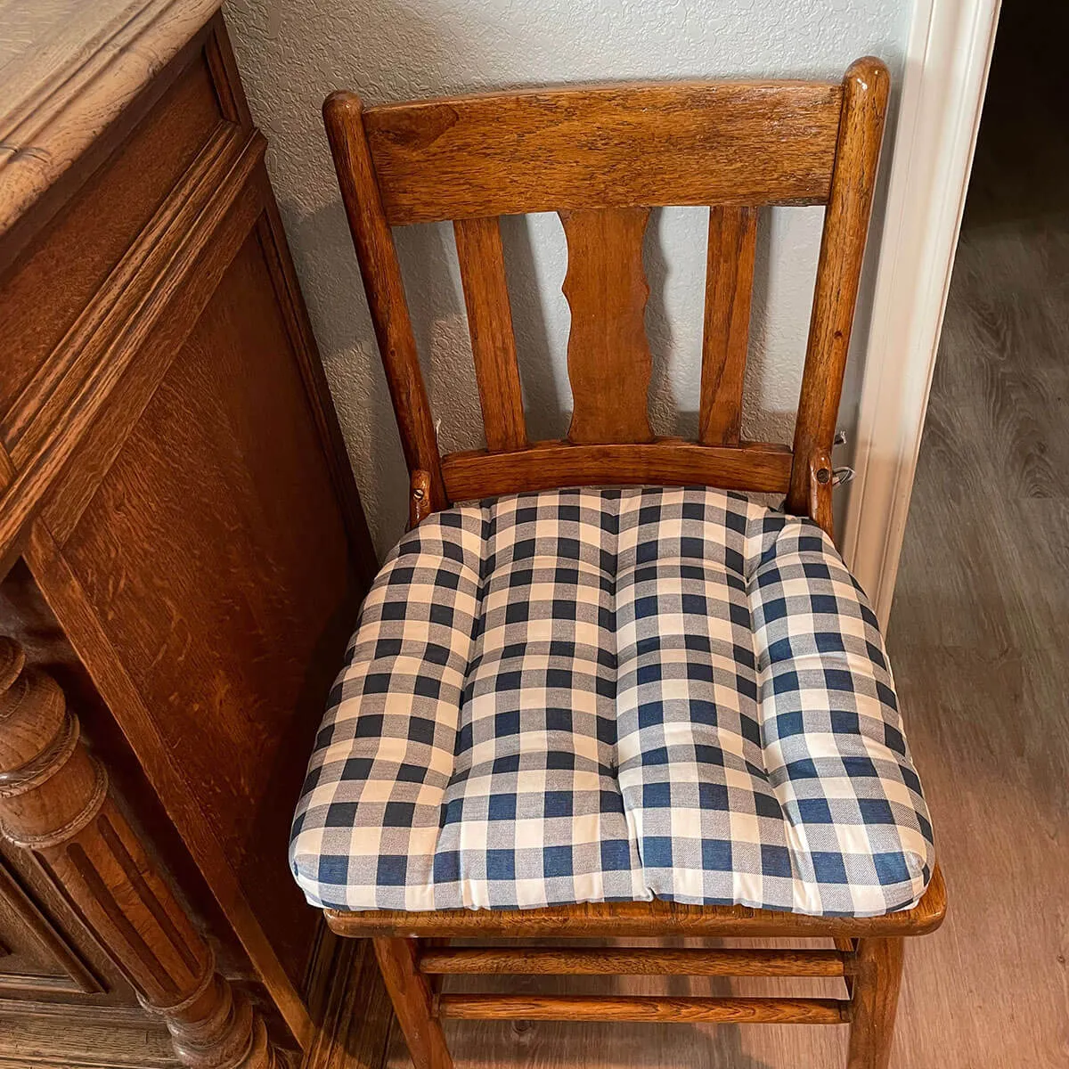 Classic Check Navy Blue Dining Chair Pads - Latex Foam Fill, Reversible - Made in USA