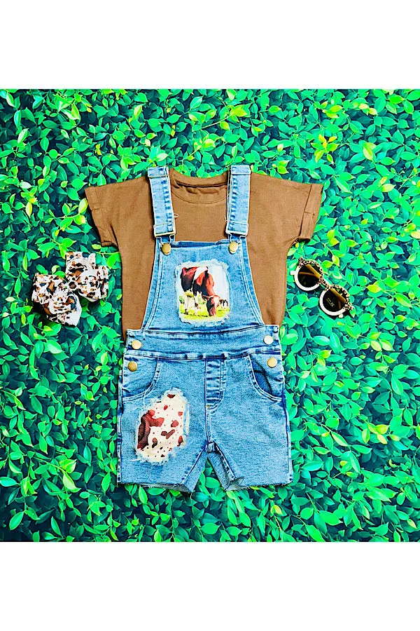 Cowhide & brown overalls short 2pc set DLH2504