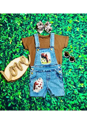 Cowhide & brown overalls short 2pc set DLH2504