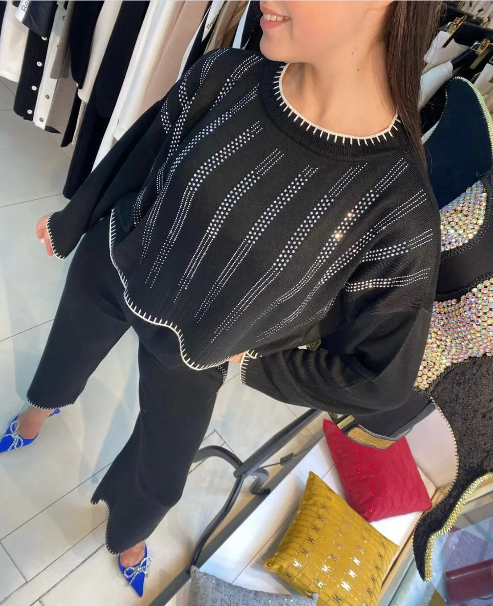 Dazzling with Rhinestones Knitted Tracksuit. Stylish & Unique 2 Piece Set