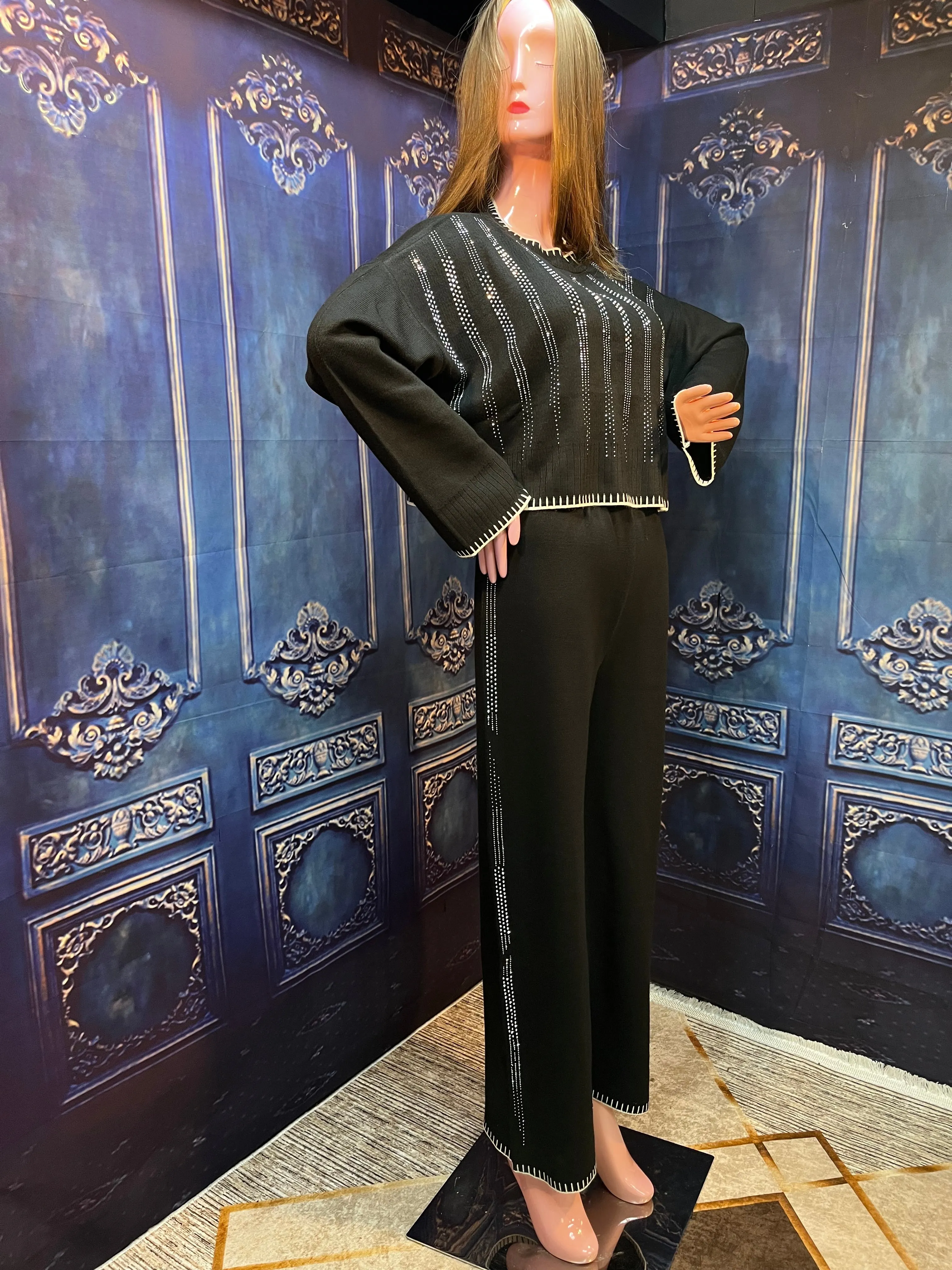 Dazzling with Rhinestones Knitted Tracksuit. Stylish & Unique 2 Piece Set