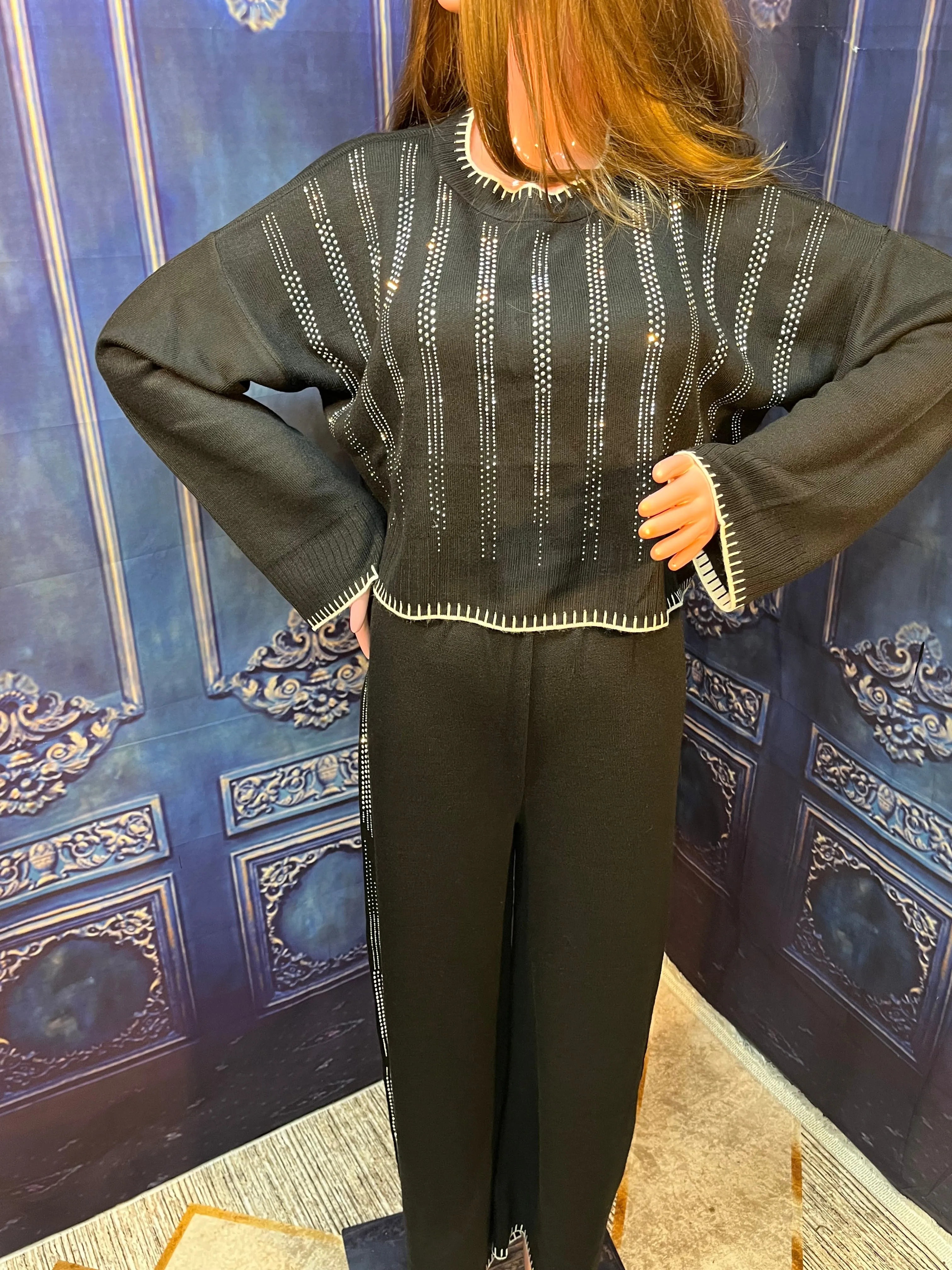 Dazzling with Rhinestones Knitted Tracksuit. Stylish & Unique 2 Piece Set