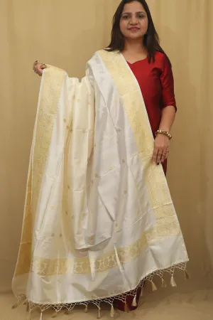 Elegant White Handloom Banarasi Pure Katan Silk Dupatta