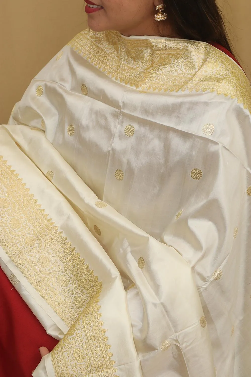 Elegant White Handloom Banarasi Pure Katan Silk Dupatta