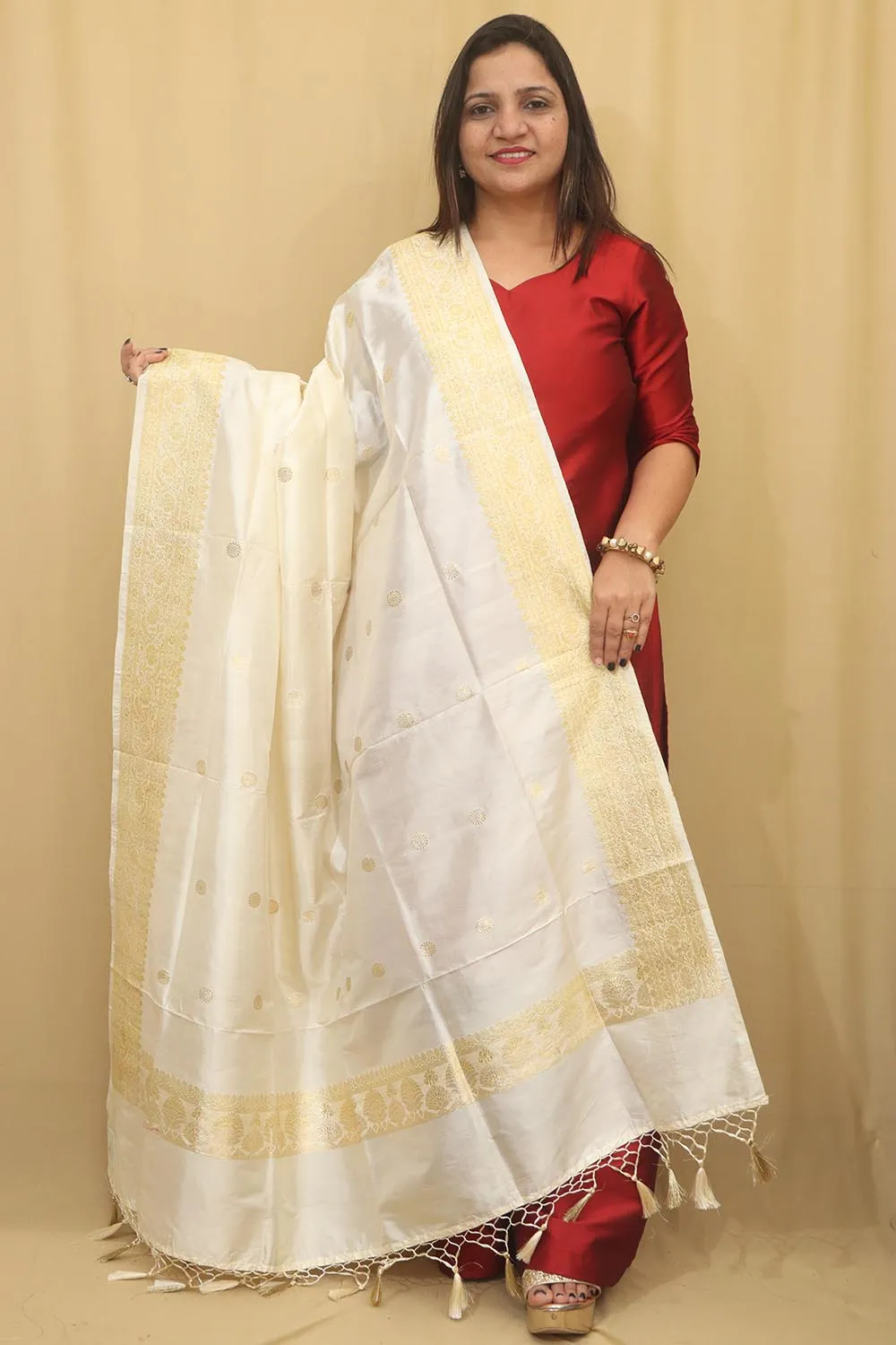 Elegant White Handloom Banarasi Pure Katan Silk Dupatta