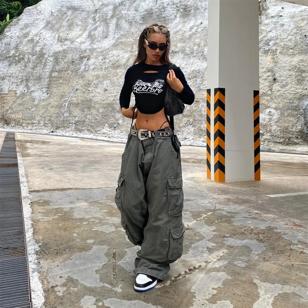 Fashionkova shamar Hot Girl Casual Street Fashion Woven Breathable Slimming Wide Leg Casual Pants Multi-Pocket Design Overalls for Women