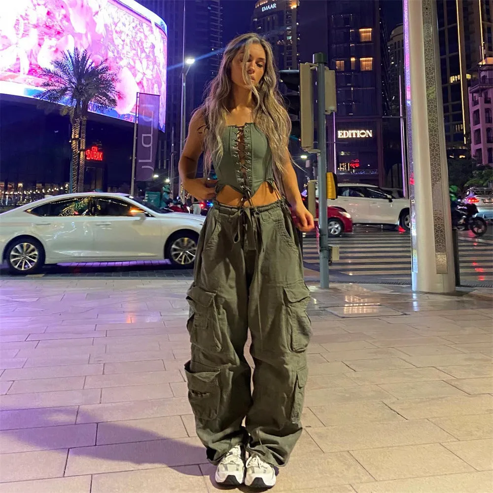 Fashionkova shamar Hot Girl Casual Street Fashion Woven Breathable Slimming Wide Leg Casual Pants Multi-Pocket Design Overalls for Women