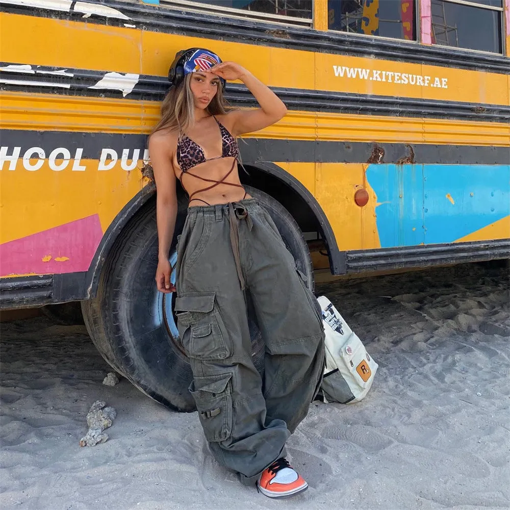 Fashionkova shamar Hot Girl Casual Street Fashion Woven Breathable Slimming Wide Leg Casual Pants Multi-Pocket Design Overalls for Women
