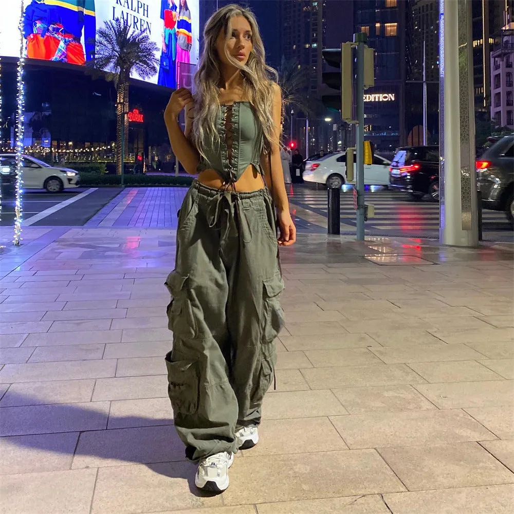 Fashionkova shamar Hot Girl Casual Street Fashion Woven Breathable Slimming Wide Leg Casual Pants Multi-Pocket Design Overalls for Women