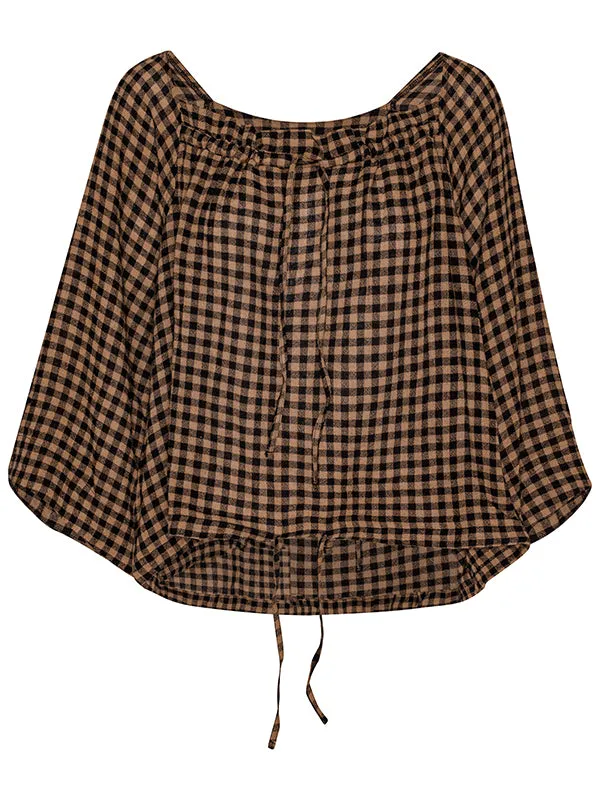 Frill Blouse - Beige Black Checks