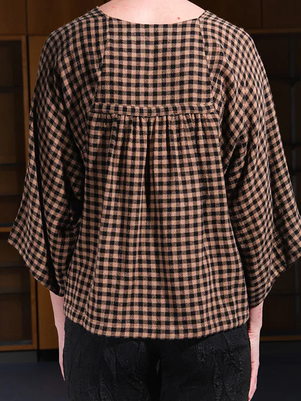 Frill Blouse - Beige Black Checks