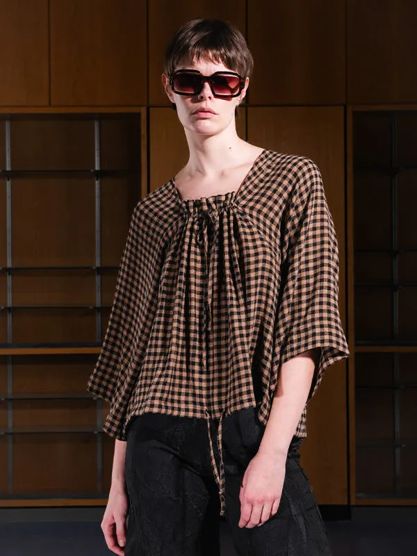 Frill Blouse - Beige Black Checks