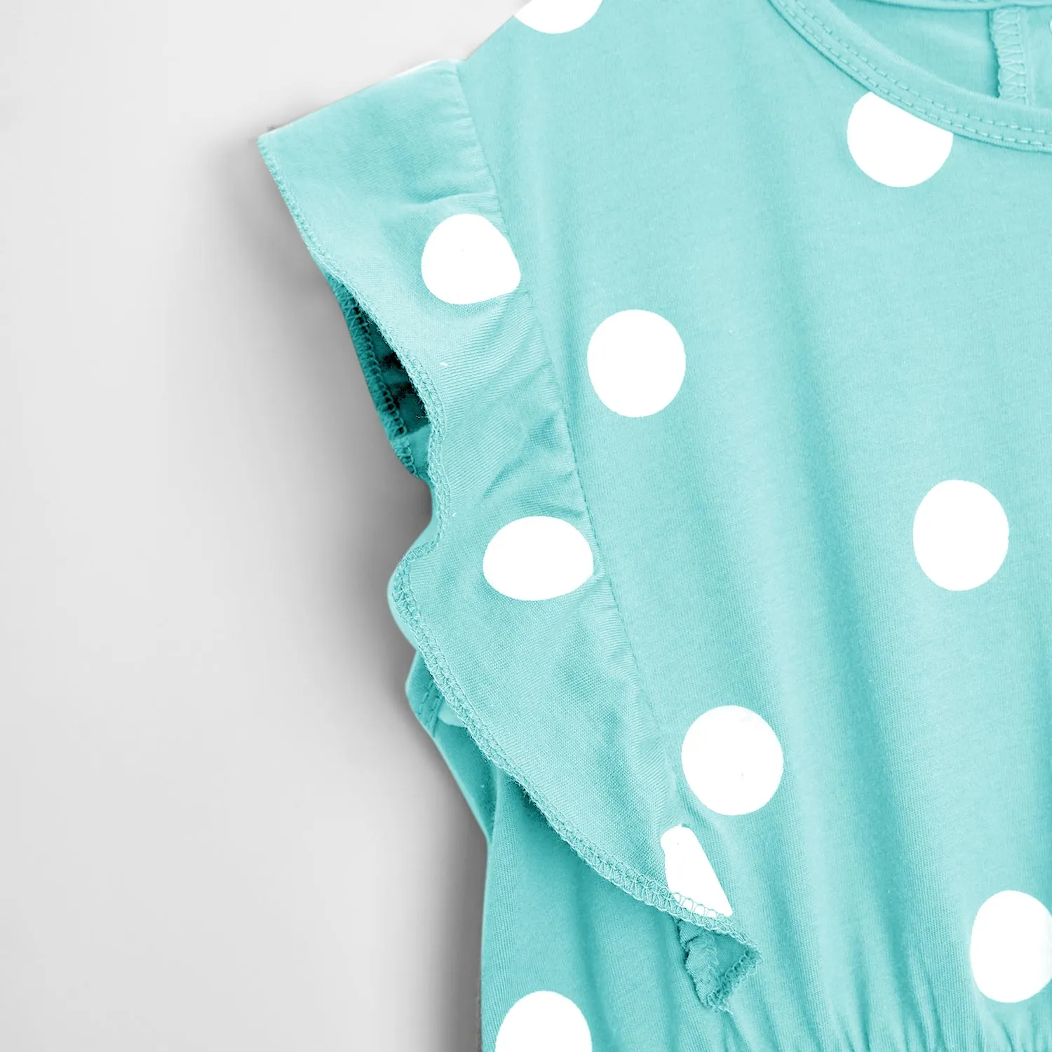 Girls Fashion All Over Polka Dots Printed Soft Cotton Frill Jumpsuit
