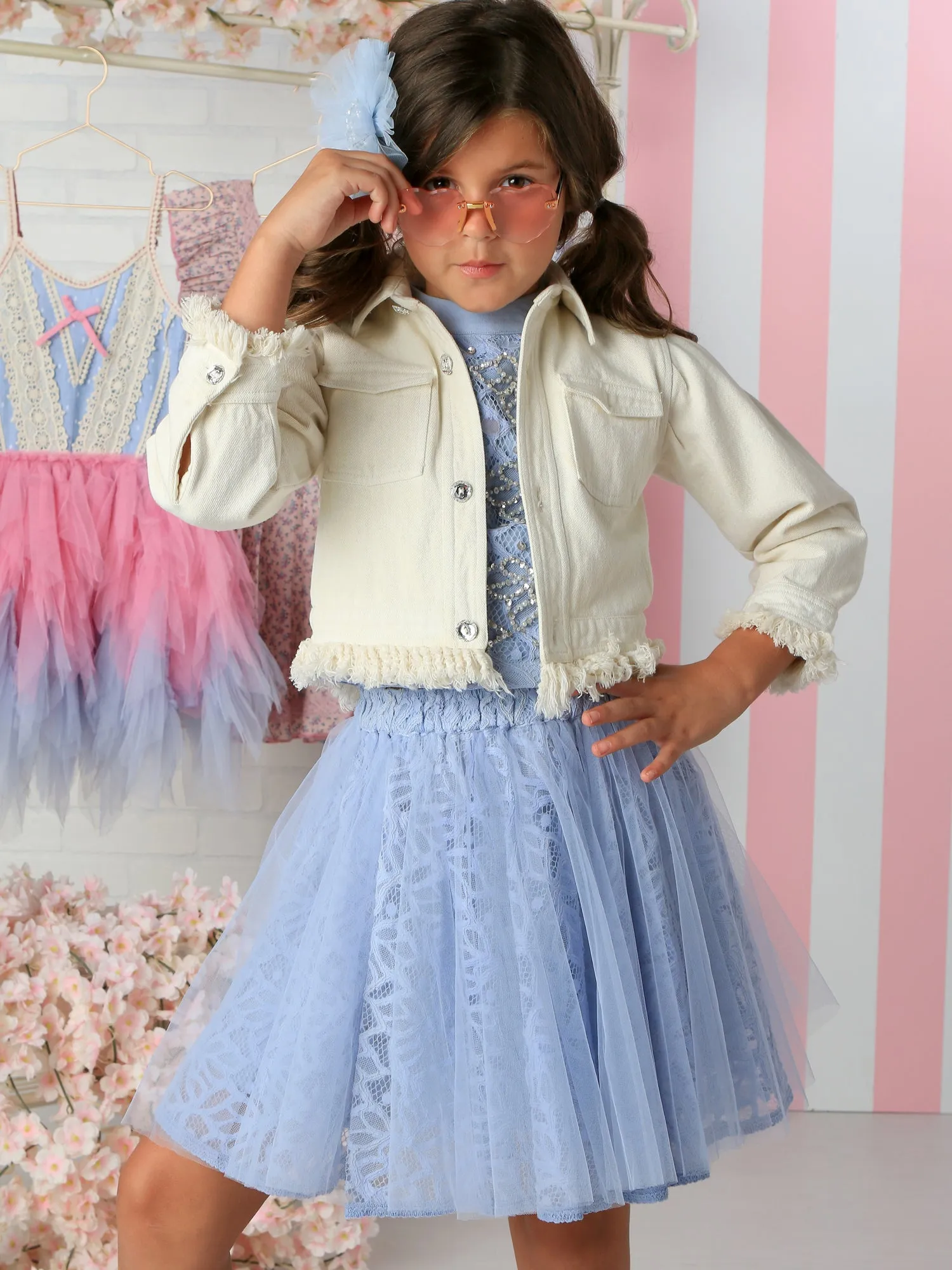 Girls White Denim Fringe Jacket 12M-14