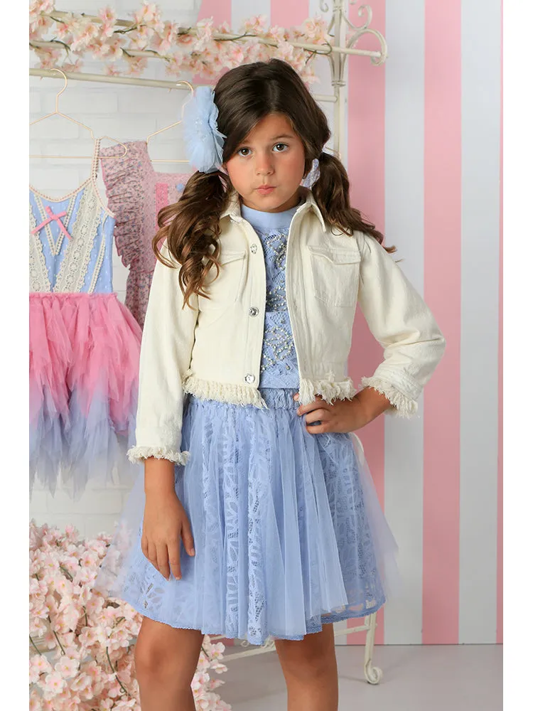 Girls White Denim Fringe Jacket 12M-14