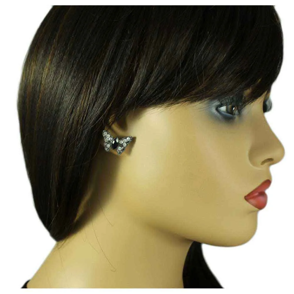 Gray Crystal and Black Butterfly Stud Pierced Earring - REC404