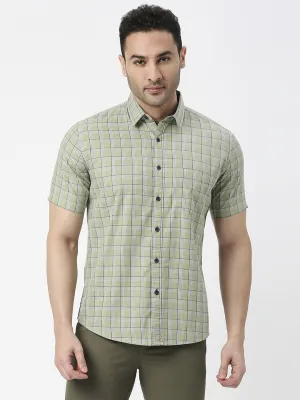 Green Half Sleeves Twill Checked Shirt With Pocket