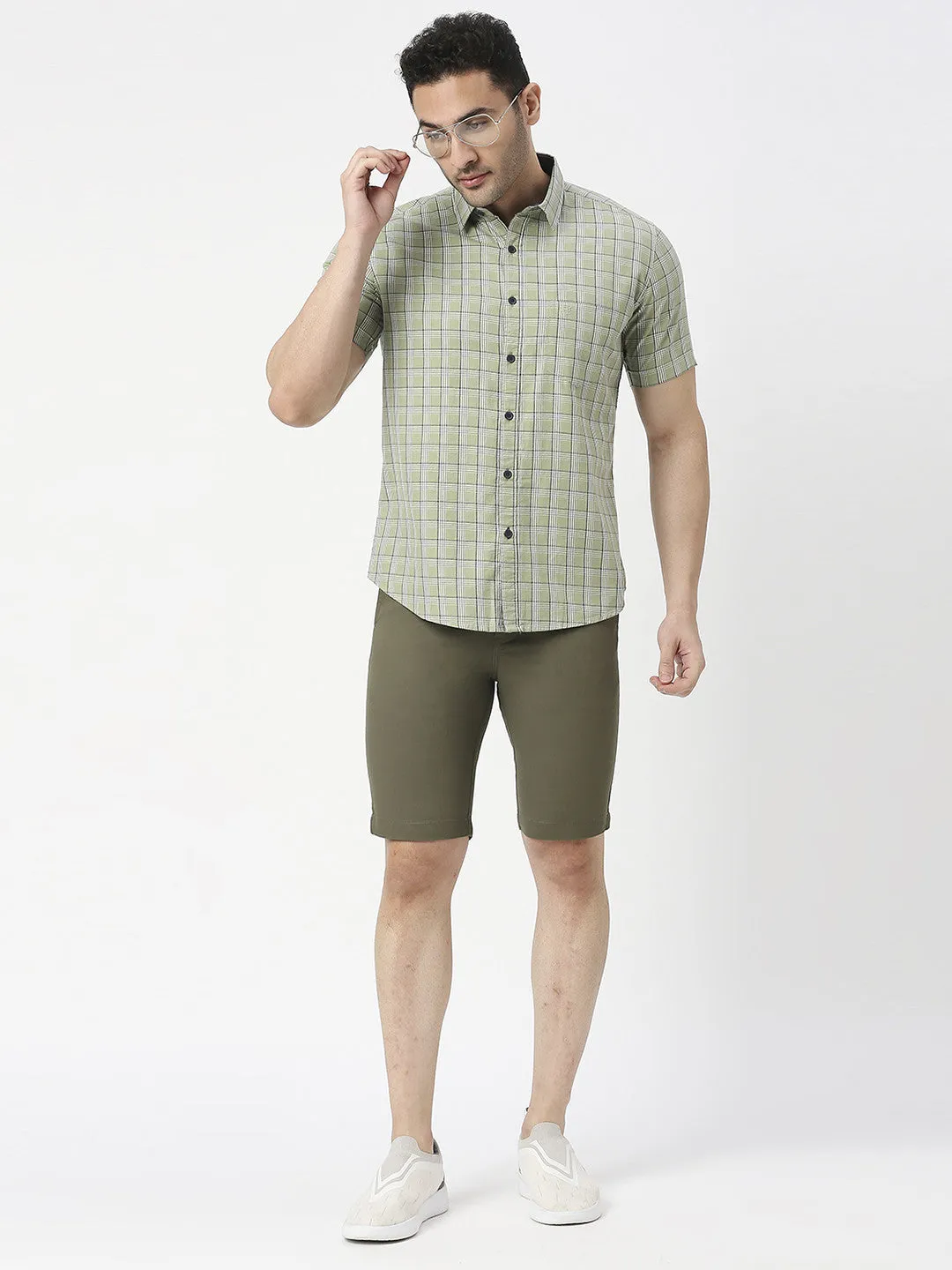 Green Half Sleeves Twill Checked Shirt With Pocket